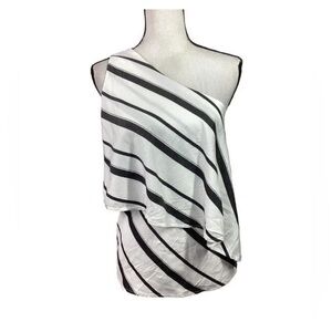 BANANA REPUBLIC ONE SHOULDER STRIPE TOP SZ L 14 tired classic black white